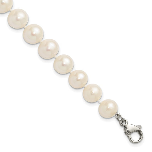 Chisel Stainless Steel Polished 9-10mm Hand Knotted White Round Freshwater Cultured Pearl 8 inch Bracelet SRB3161-8
