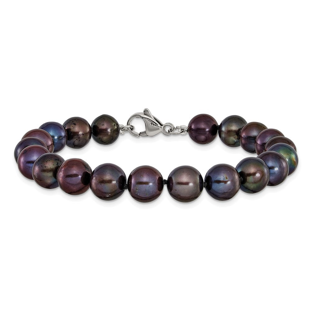 Chisel Stainless Steel Polished 9-10mm Hand Knotted Black Round Freshwater Cultured Pearl 8 inch Bracelet SRB3162-8