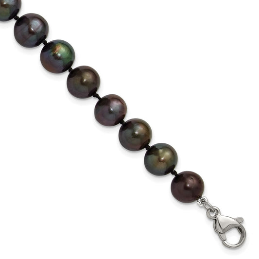 Chisel Stainless Steel Polished 9-10mm Hand Knotted Black Round Freshwater Cultured Pearl 8 inch Bracelet SRB3162-8