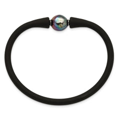 Chisel Stainless Steel Polished 9-10mm Black Baroque Freshwater Cultured Pearl on Black Silicone 6.75 inch Bracelet SRB3163BKBK