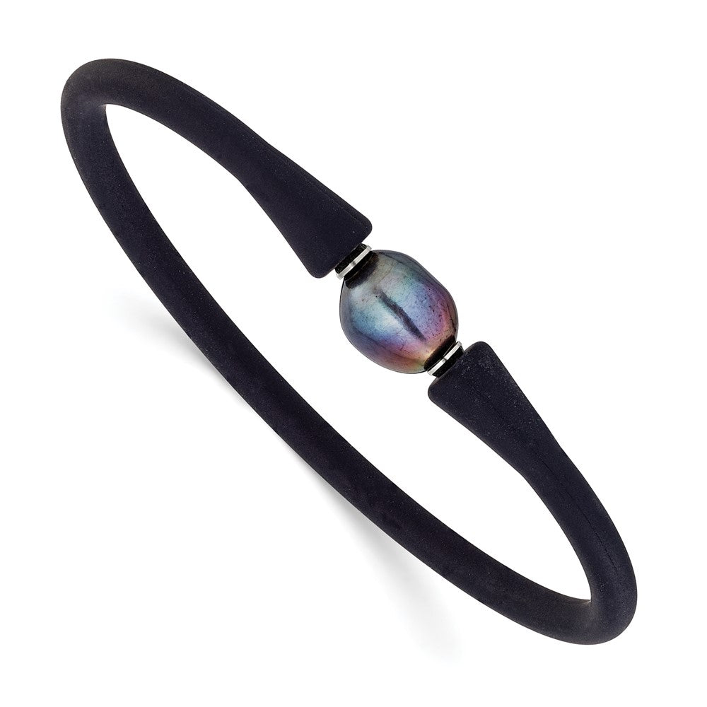 Chisel Stainless Steel Polished 9-10mm Black Baroque Freshwater Cultured Pearl on Black Silicone 6.75 inch Bracelet SRB3163BKBK