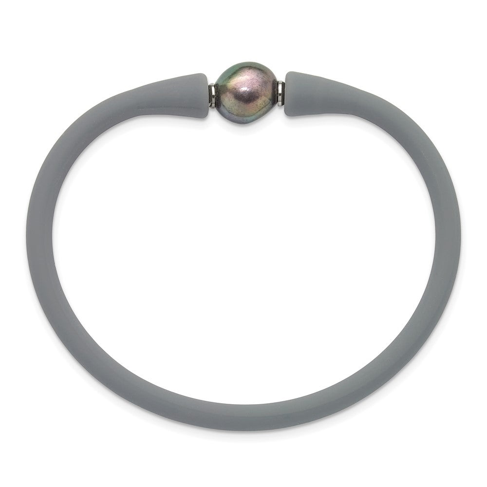 Chisel Stainless Steel Polished 9-10mm Black Baroque Freshwater Cultured Pearl on Grey Silicone 6.75 inch Bracelet SRB3163BKGR