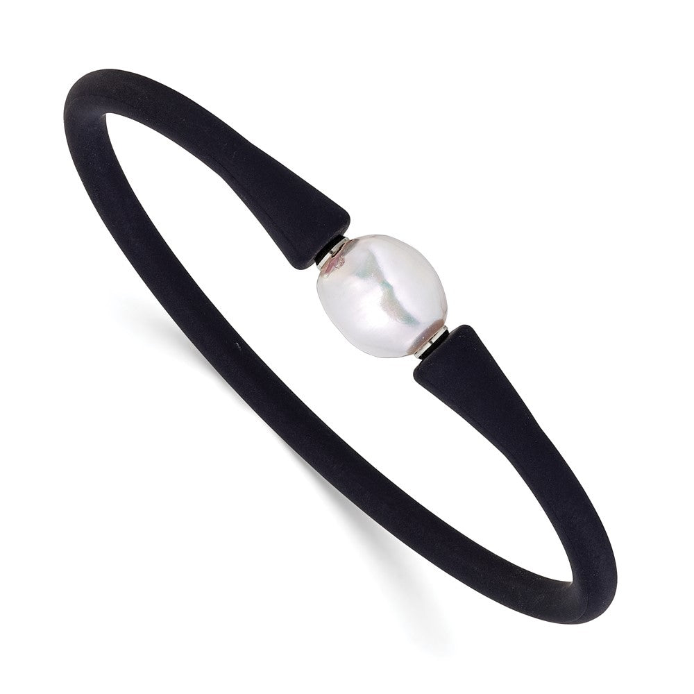 Chisel Stainless Steel Polished 9-10mm White Baroque Freshwater Cultured Pearl on Black Silicone 6.75 inch Bracelet SRB3163WHBK