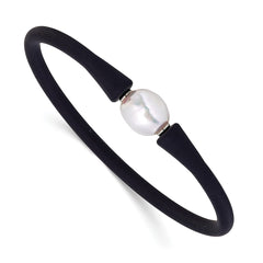 Chisel Stainless Steel Polished 9-10mm White Baroque Freshwater Cultured Pearl on Black Silicone 6.75 inch Bracelet SRB3163WHBK