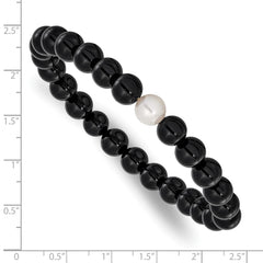 Chisel 8-9mm Black Onyx and White Freshwater Cultured Pearl Beaded 7.25 inch Stretch Bracelet SRB3166