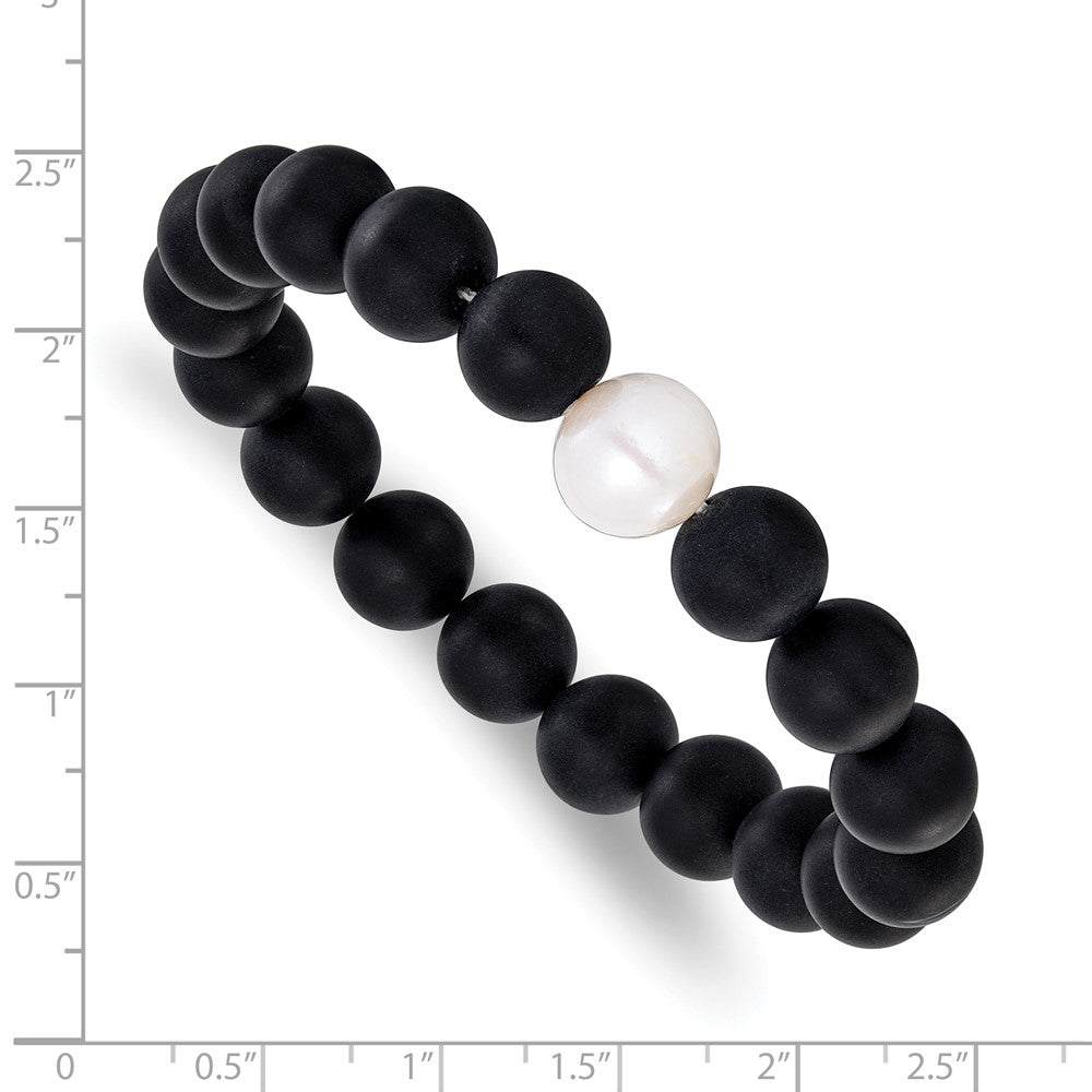 Chisel 10-11mm Black Agate and White Freshwater Cultured Pearl Beaded 6.5 inch Stretch Bracelet SRB3169