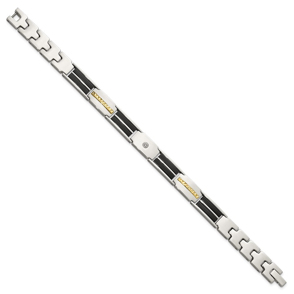 Chisel Stainless Steel Polished with Diamond-cut 14K Gold Accent and 1/20ct. Diamond with Black Enamel 8 inch Bracelet SRB3172-8