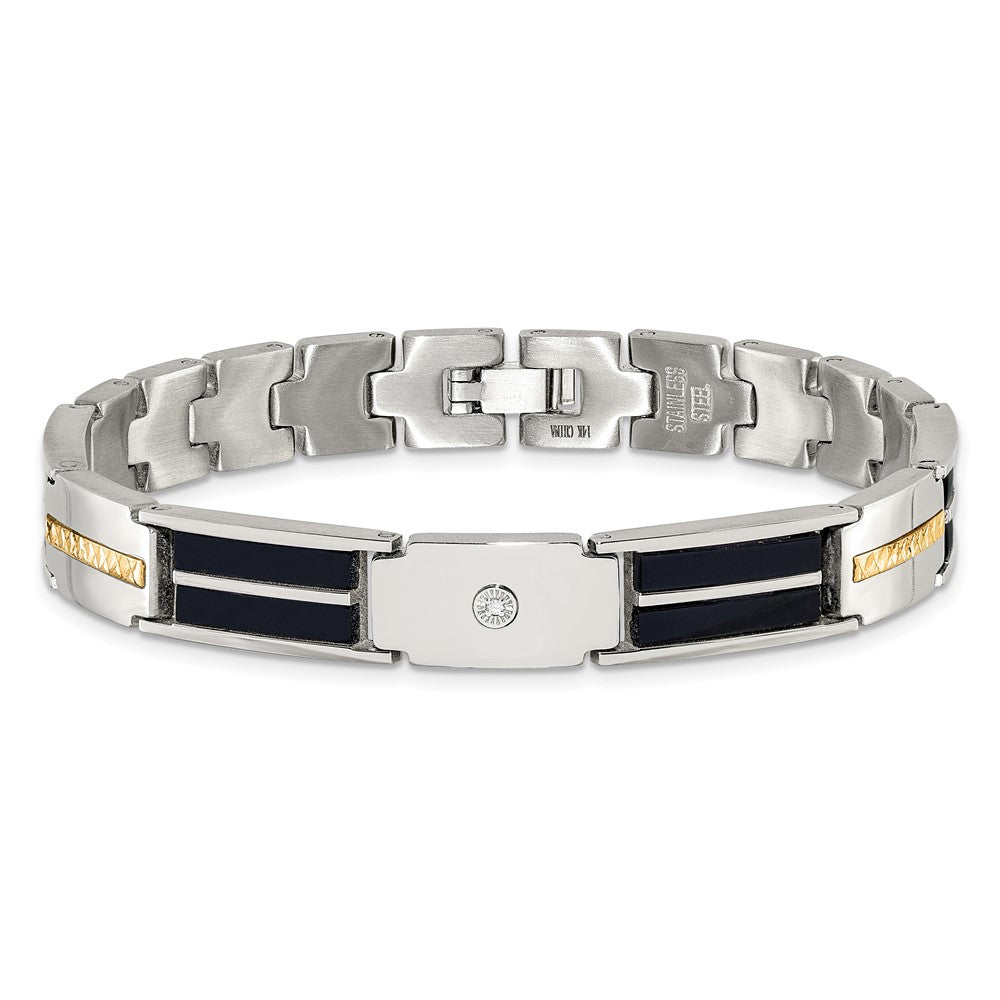 Chisel Stainless Steel Polished with Diamond-cut 14K Gold Accent and 1/20ct. Diamond with Black Enamel 8 inch Bracelet SRB3172-8