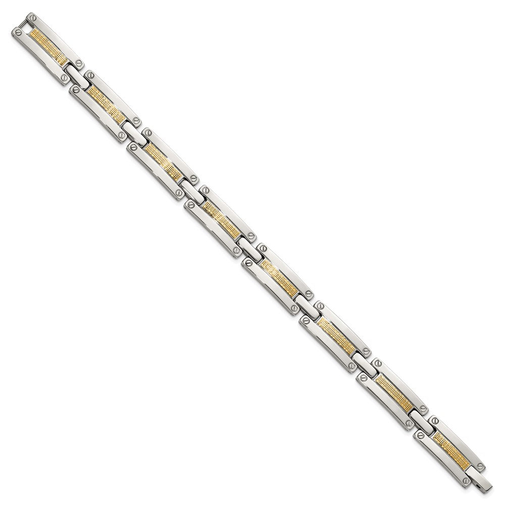 Chisel Stainless Steel Polished with 14K Gold Accent Basket Weave Pattern 8.5 inch Link Bracelet SRB3174-8.5