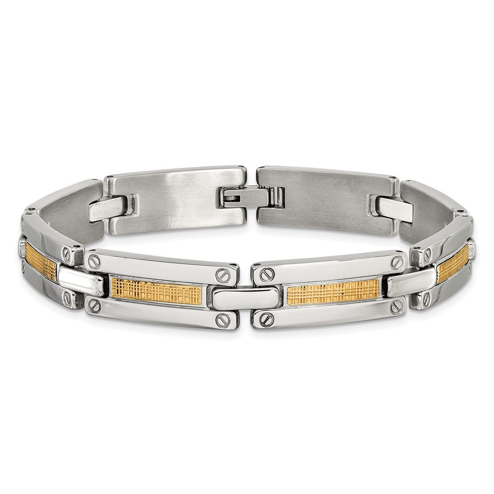 Chisel Stainless Steel Polished with 14K Gold Accent Basket Weave Pattern 8.5 inch Link Bracelet SRB3174-8.5