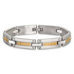 Chisel Stainless Steel Polished with 14K Gold Accent Basket Weave Pattern 8.5 inch Link Bracelet SRB3174-8.5