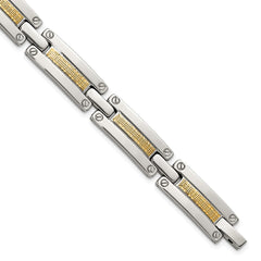 Chisel Stainless Steel Polished with 14K Gold Accent Basket Weave Pattern 8.5 inch Link Bracelet SRB3174-8.5