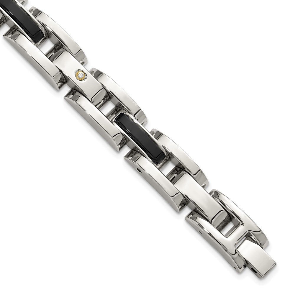 Chisel Stainless Steel Polished with 14K Gold Accent and 1/20ct. Diamond and Onyx 8.25 inch Link Bracelet SRB3175-8.25