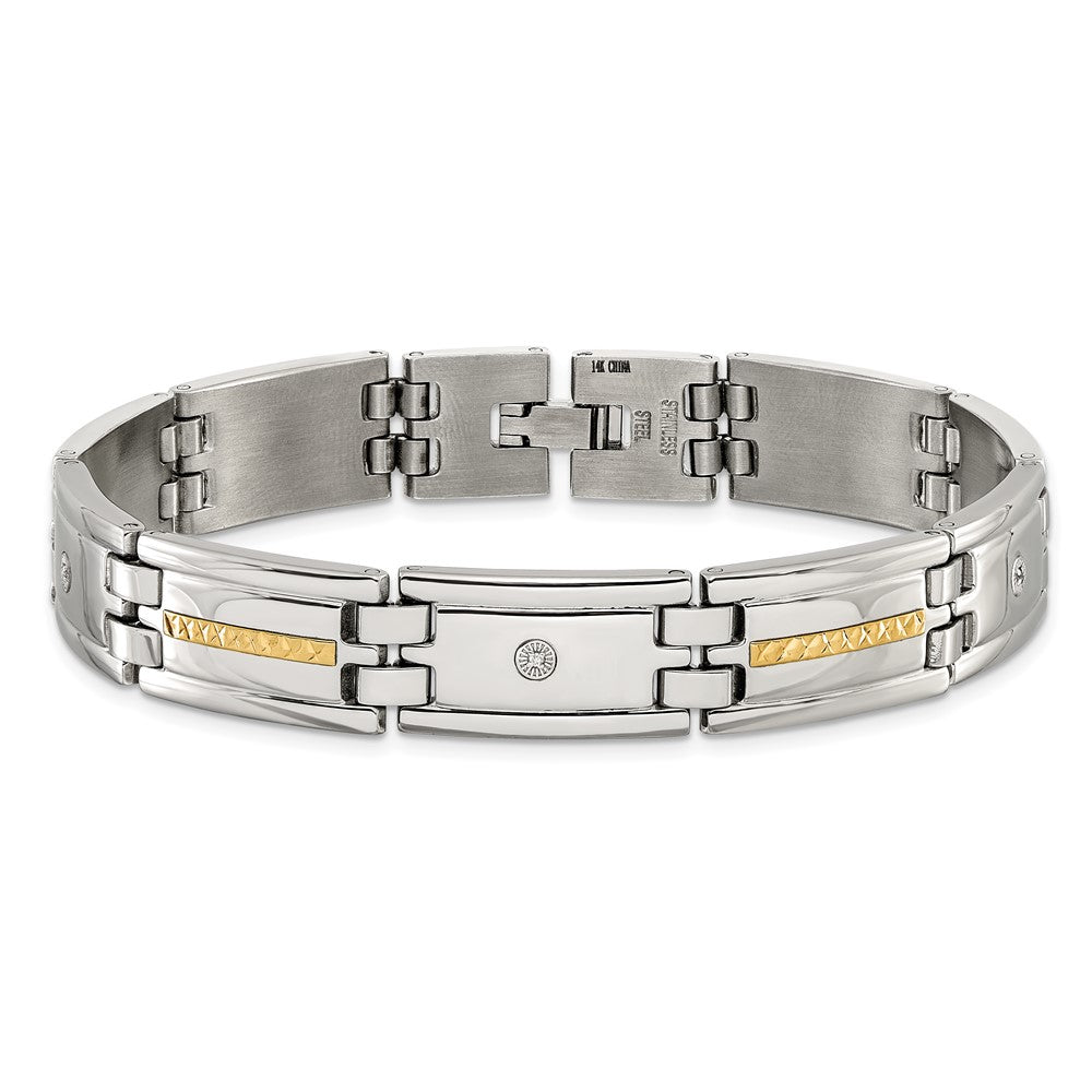 Chisel Stainless Steel Polished with Diamond-cut 14K Gold Accent and .03ct. Diamond 8.75 inch Link Bracelet SRB3176-8.75