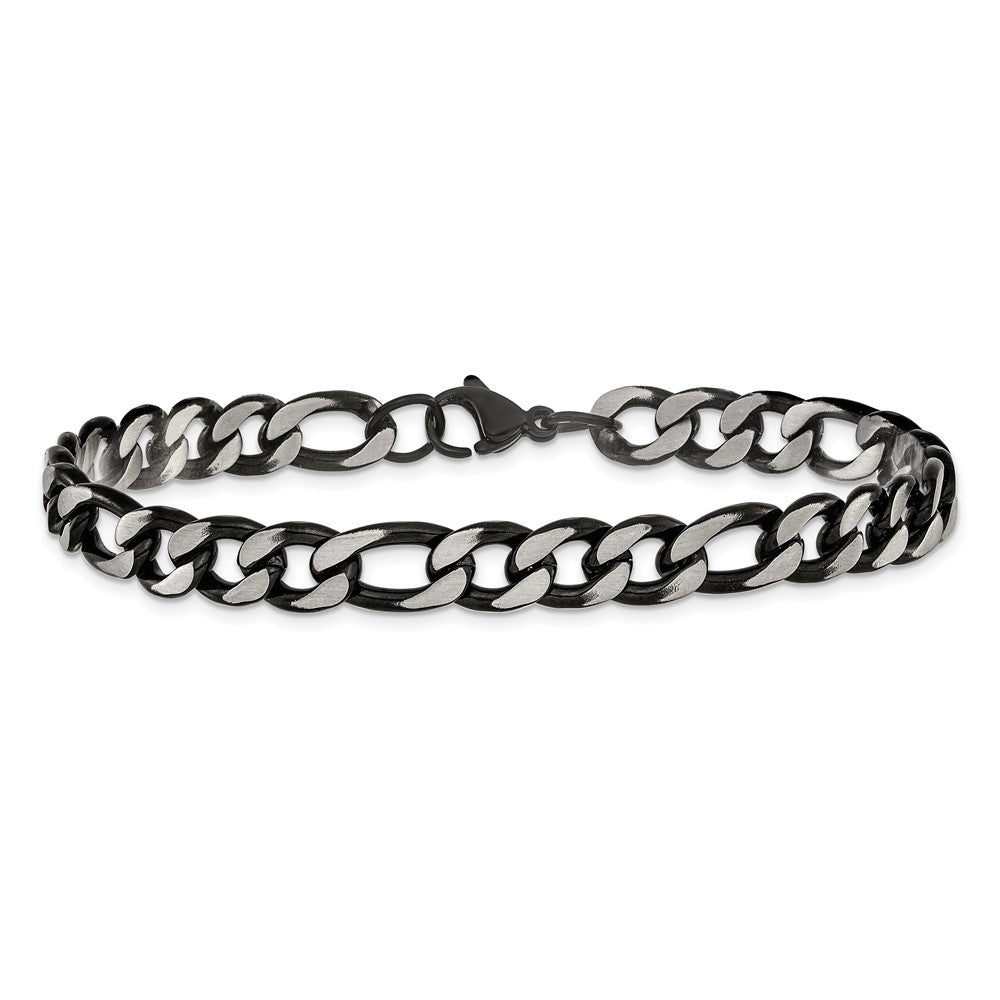 Chisel Stainless Steel Brushed and Polished Black IP-plated 7.5mm 9 inch Figaro Chain Bracelet SRB3180-9