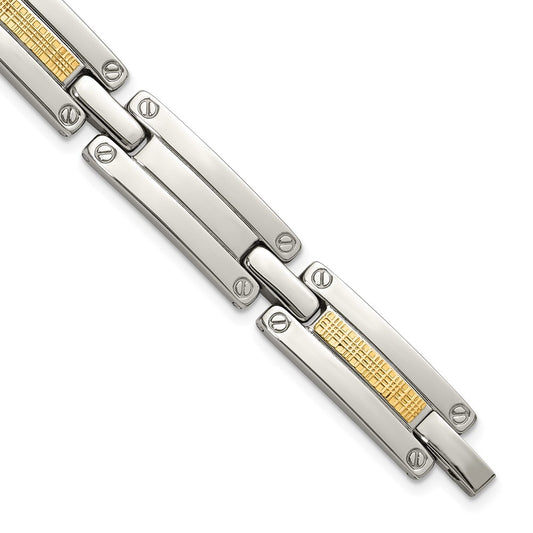Chisel Stainless Steel Polished with 14K Gold Accent Basket Weave 8.5 inch Link Bracelet SRB3185-8.5