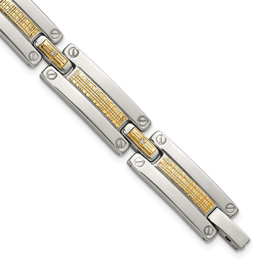 Chisel Stainless Steel Polished with 14K Accent Basket Weave and 1/15ct. Diamond 8.5 inch Bracelet SRB3186-8.5