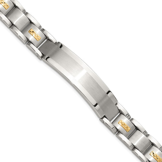Chisel Stainless Steel Brushed and Polished with Diamond-cut 14K Gold Accent 8.5 inch ID Link Bracelet SRB3202-8.5