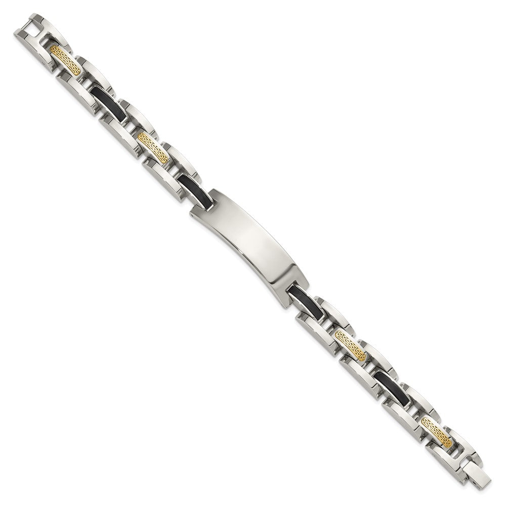 Chisel Stainless Steel Polished with 14K Gold Accent and Onyx 8.75 inch ID Link Bracelet SRB3203-8.75