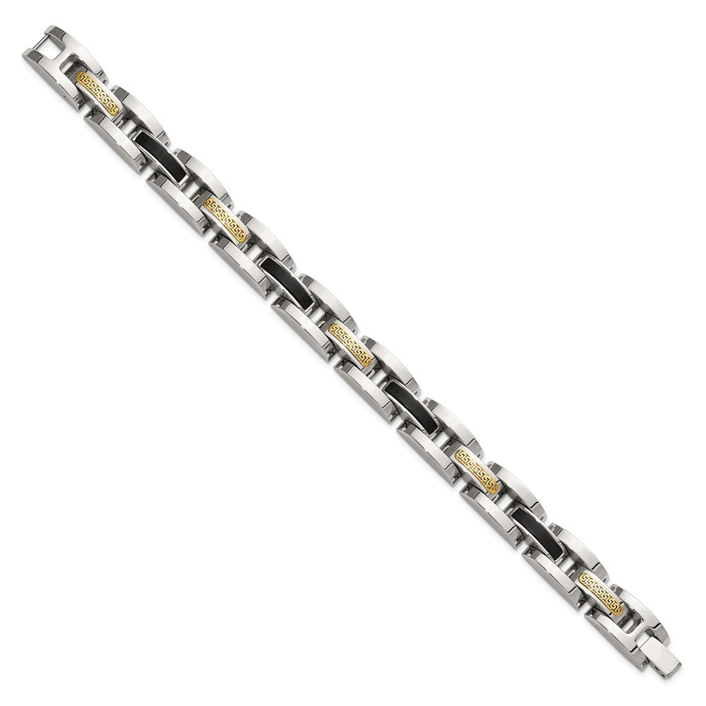 Chisel Stainless Steel Polished with 14K Gold Accent and Onyx 8.25 inch Link Bracelet SRB3204-8.25