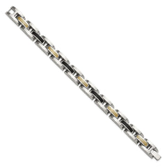 Chisel Stainless Steel Polished with 14K Gold Accent and Onyx 8.25 inch Link Bracelet SRB3204-8.25