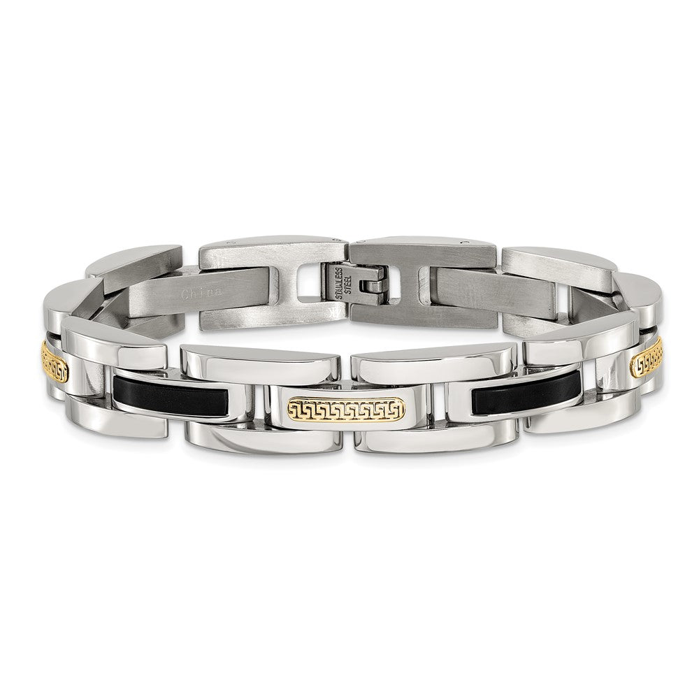 Chisel Stainless Steel Polished with 14K Gold Accent and Onyx 8.25 inch Link Bracelet SRB3204-8.25