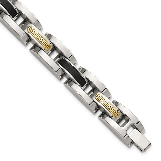 Chisel Stainless Steel Polished with 14K Gold Accent and Onyx 8.25 inch Link Bracelet SRB3204-8.25