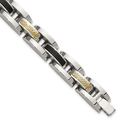 Chisel Stainless Steel Polished with 14K Gold Accent and Onyx 8.25 inch Link Bracelet SRB3204-8.25