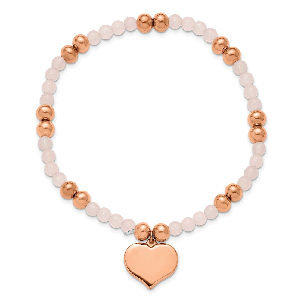 Chisel Stainless Steel Polished Rose IP-plated Heart Dangle 6mm Pink Quartz Beaded 7.75 inch Stretch Bracelet SRB3208