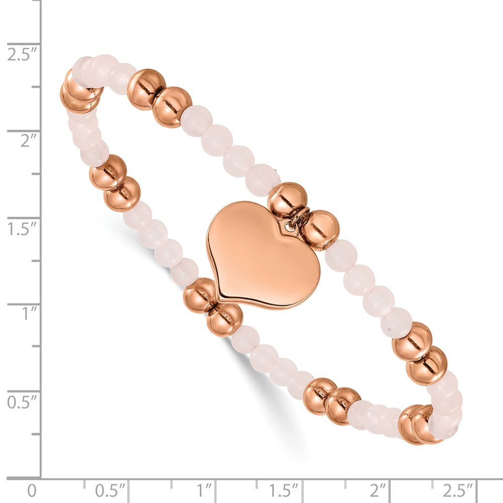 Chisel Stainless Steel Polished Rose IP-plated Heart Dangle 6mm Pink Quartz Beaded 7.75 inch Stretch Bracelet SRB3208