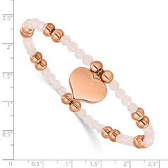 Chisel Stainless Steel Polished Rose IP-plated Heart Dangle 6mm Pink Quartz Beaded 7.75 inch Stretch Bracelet SRB3208