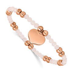Chisel Stainless Steel Polished Rose IP-plated Heart Dangle 6mm Pink Quartz Beaded 7.75 inch Stretch Bracelet SRB3208