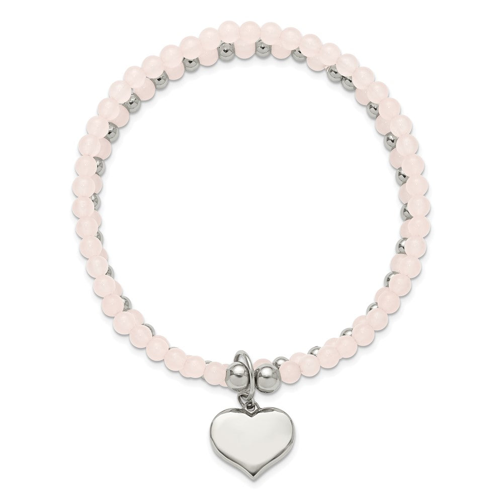 Chisel Stainless Steel Polished Heart 3-4mm Pink Quartz Two Strand 7.75 inch Stretch Bracelet SRB3210