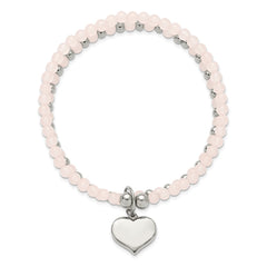Chisel Stainless Steel Polished Heart 3-4mm Pink Quartz Two Strand 7.75 inch Stretch Bracelet SRB3210