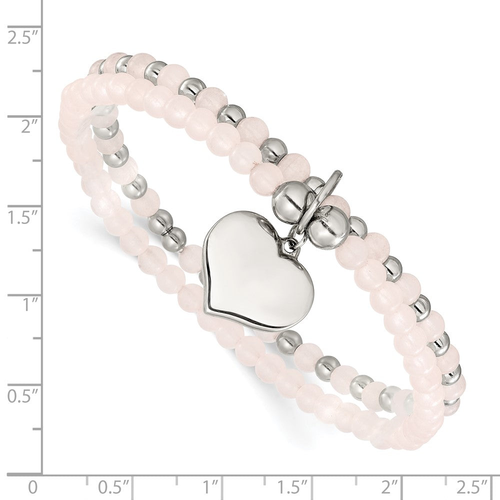 Chisel Stainless Steel Polished Heart 3-4mm Pink Quartz Two Strand 7.75 inch Stretch Bracelet SRB3210