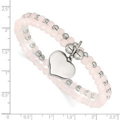 Chisel Stainless Steel Polished Heart 3-4mm Pink Quartz Two Strand 7.75 inch Stretch Bracelet SRB3210