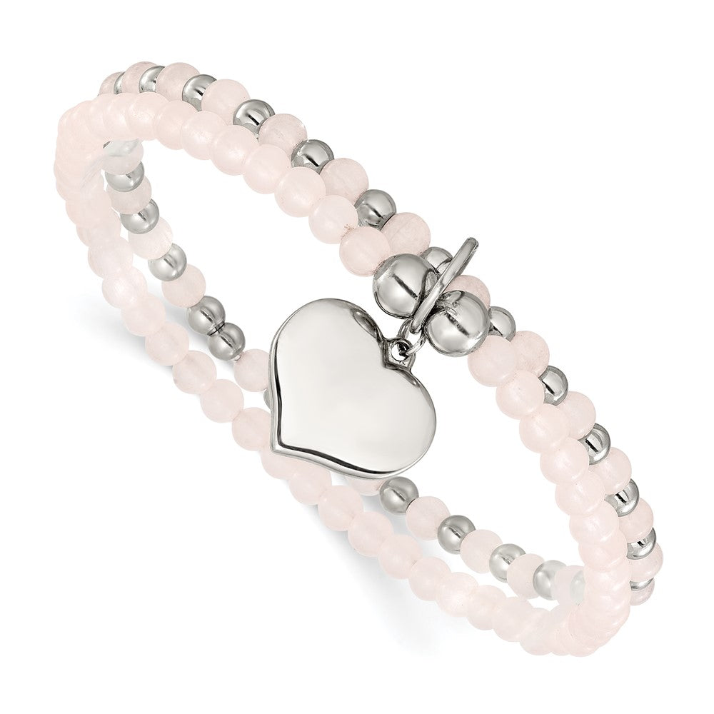 Chisel Stainless Steel Polished Heart 3-4mm Pink Quartz Two Strand 7.75 inch Stretch Bracelet SRB3210