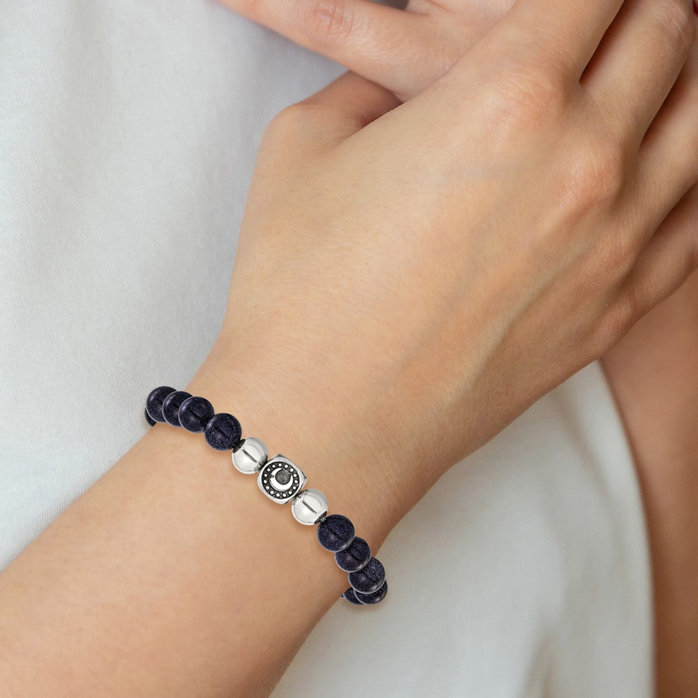 Chisel Stainless Steel Antiqued and Polished 10mm Blue Quartz Beaded Moon 7.5 inch Stretch Bracelet SRB3212