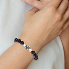 Chisel Stainless Steel Antiqued and Polished 10mm Blue Quartz Beaded Moon 7.5 inch Stretch Bracelet SRB3212