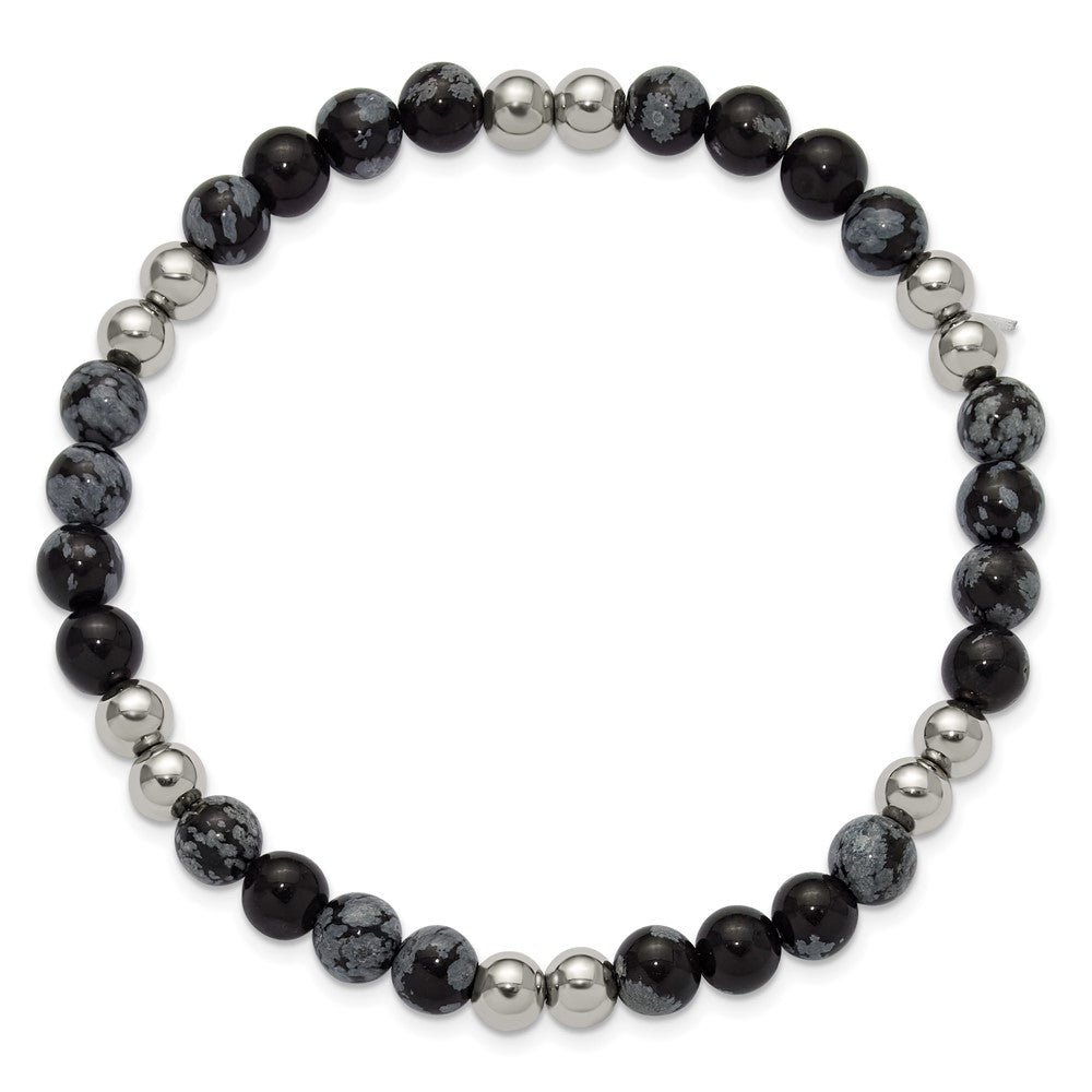 Chisel Stainless Steel Polished 6.5mm Black and Grey Synthetic Agate 7.75 inch Stretch Bracelet SRB3213