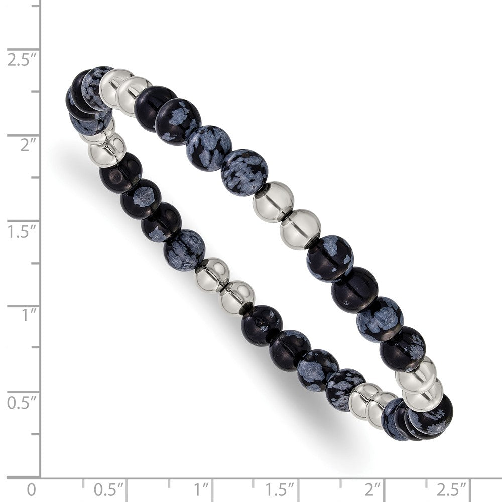 Chisel Stainless Steel Polished 6.5mm Black and Grey Synthetic Agate 7.75 inch Stretch Bracelet SRB3213