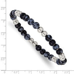 Chisel Stainless Steel Polished 6.5mm Black and Grey Synthetic Agate 7.75 inch Stretch Bracelet SRB3213