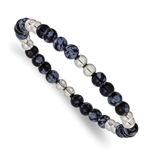 Chisel Stainless Steel Polished 6.5mm Black and Grey Synthetic Agate 7.75 inch Stretch Bracelet SRB3213