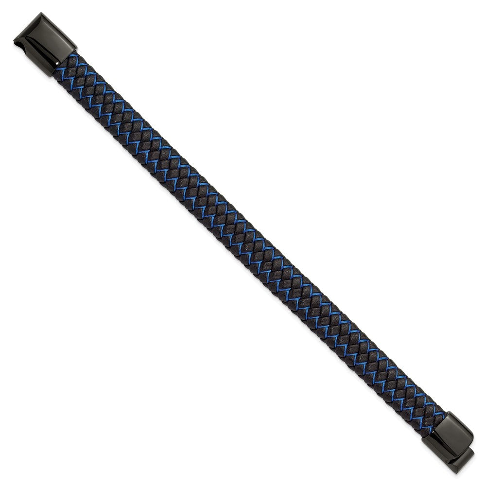 Chisel Stainless Steel Polished Black IP-plated Black Leather and Blue Fabric 8.25 inch Bracelet SRB3216-8.25