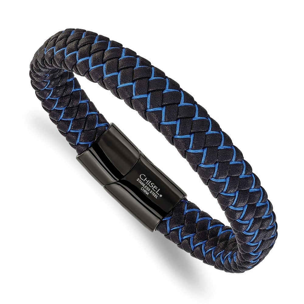 Chisel Stainless Steel Polished Black IP-plated Black Leather and Blue Fabric 8.25 inch Bracelet SRB3216-8.25