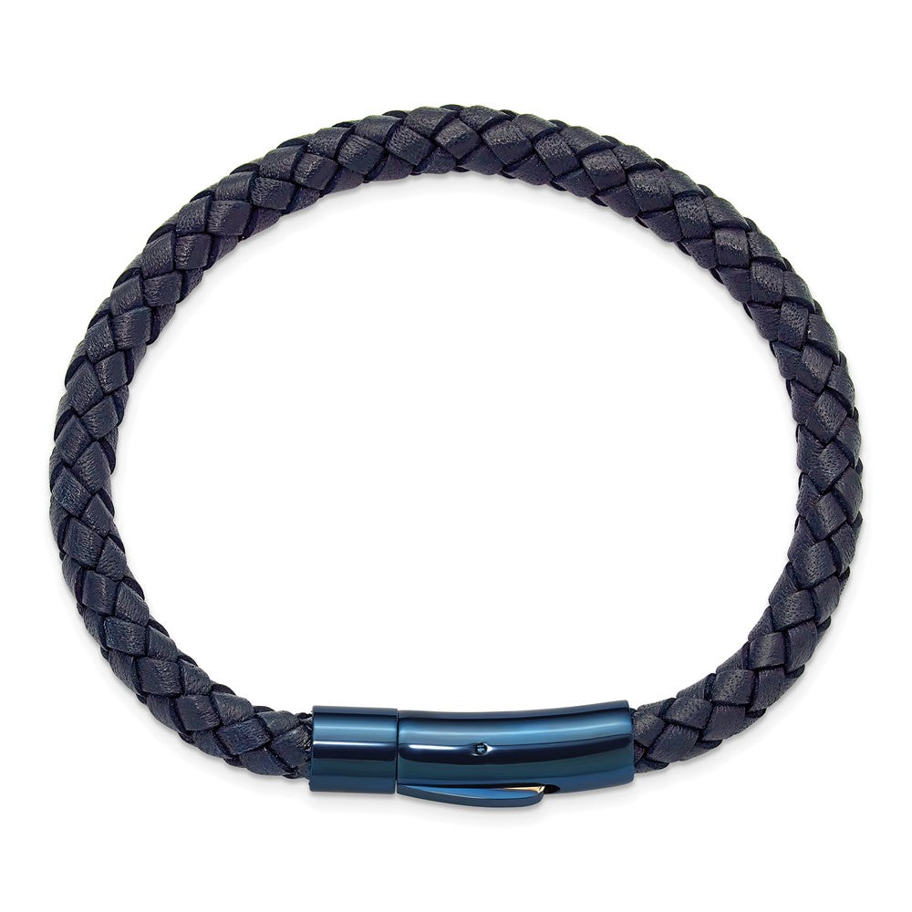 Chisel Stainless Steel Polished Blue IP-plated and Navy Blue Leather 8.25 inch Bracelet SRB3219-8.25