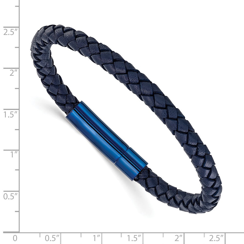 Chisel Stainless Steel Polished Blue IP-plated and Navy Blue Leather 8.25 inch Bracelet SRB3219-8.25