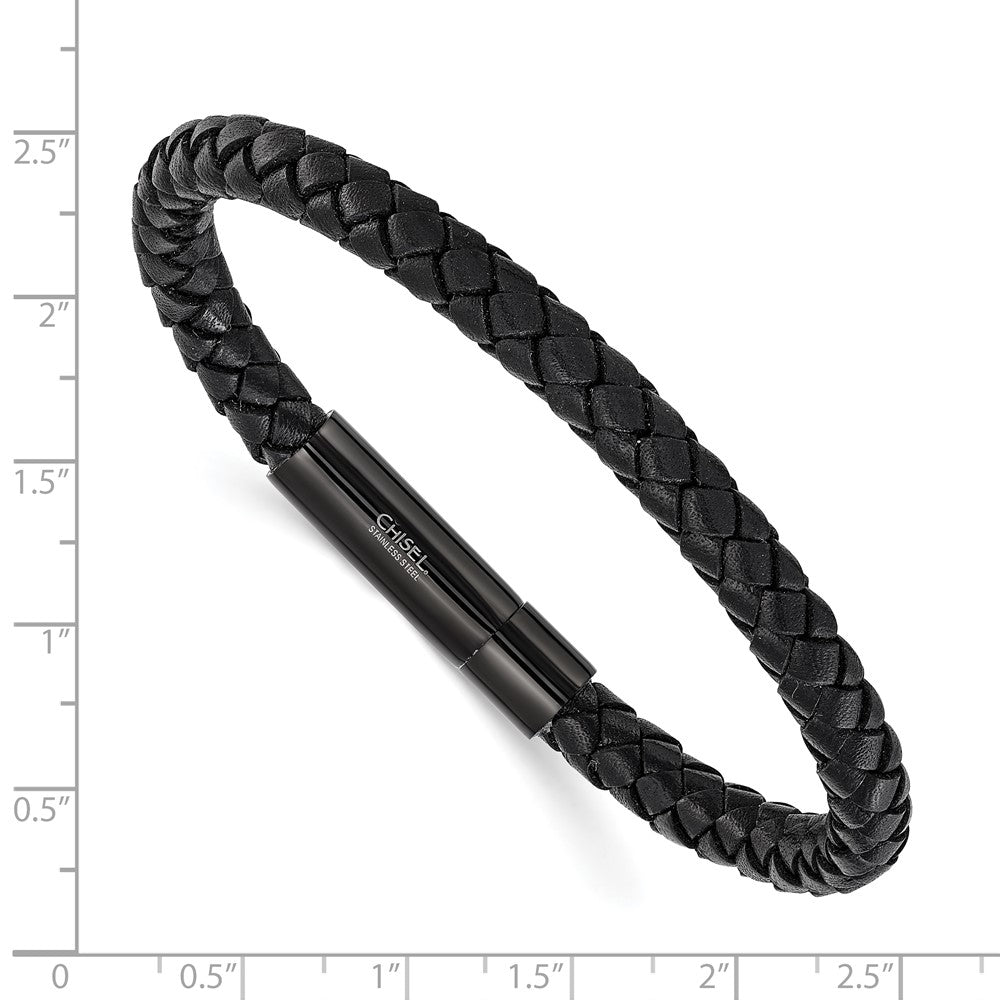Chisel Stainless Steel Polished Black IP-plated and Black Leather 8.25 inch Bracelet SRB3220-8.25