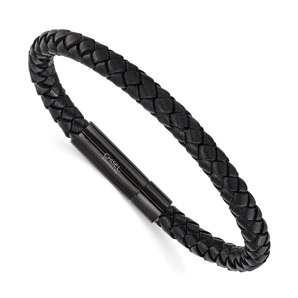 Chisel Stainless Steel Polished Black IP-plated and Black Leather 8.25 inch Bracelet SRB3220-8.25
