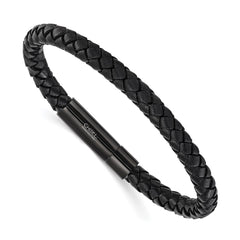 Chisel Stainless Steel Polished Black IP-plated and Black Leather 8.25 inch Bracelet SRB3220-8.25